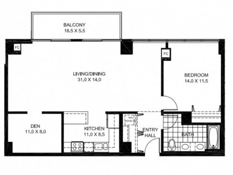 Floor plan for 1 bed, 1 bath, 1019 sqft